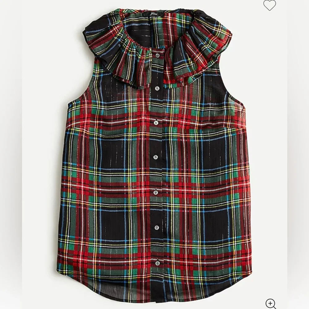 J Crew Sleeveless ruffle-collar top in black Stewart tartan | plaid | Sz Small